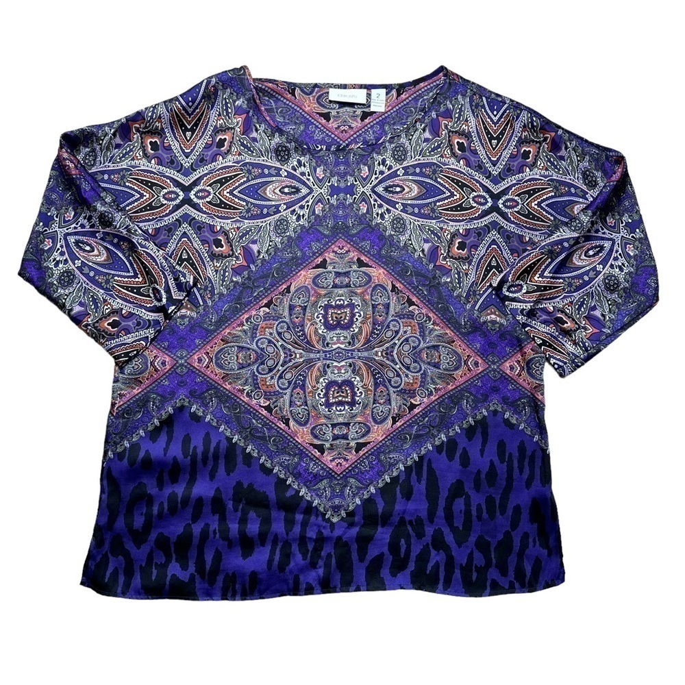Chico’s Top Purple Mixed Pattern Blouse Women’s Size 2 (L)